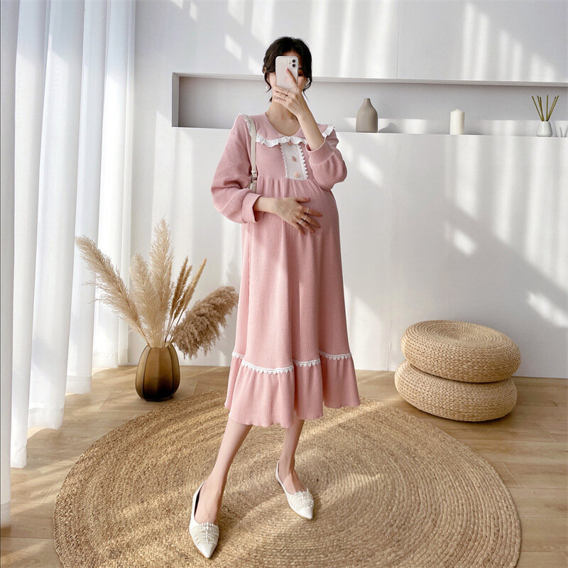 Solid Peter Pan Collar Lace Maternity Dress 2022 Spring New Button Fashion Casual Pregnancy Vestidos Clothes For Pregnant Women