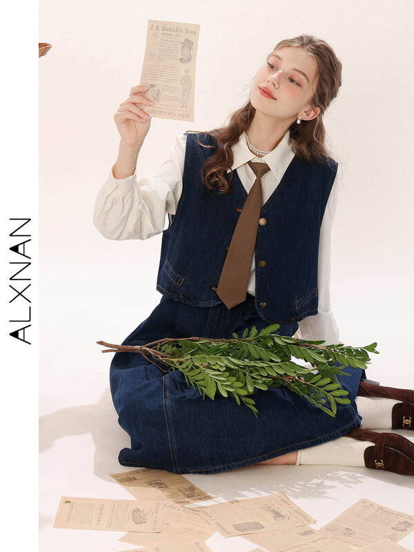 ALXNAN Retro denim Skirt Shirt Suit Women 2024 Autumn Lapel Long Sleeve T-shirt Single-breasted Vest Three-piece Set TM00221