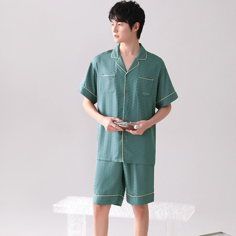 Summer Silk Satin Short Sleeve Shorts Men's Pajamas Set Pijamas Hombre Geometric Pattern Pyjamas For Men Sleepwear Suit Homewear