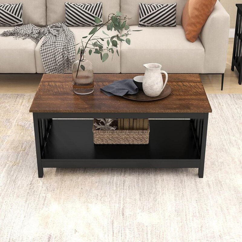 Farmhouse Coffee Table Black Living Room Table With Shelf 40 Inch Café Furniture