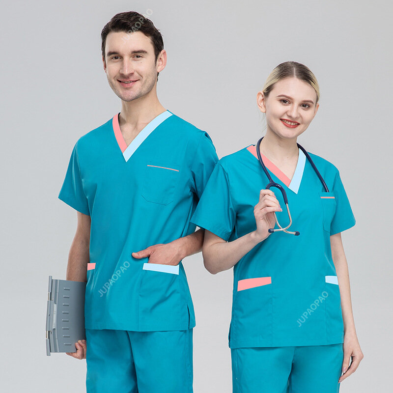 Korte Mouwen Chirurgisch Medisch Pak Knoop Unisex Verpleging Top Broek Ziekenhuisarts Werkkleding Huisdier Verzorging Scrub Uniform