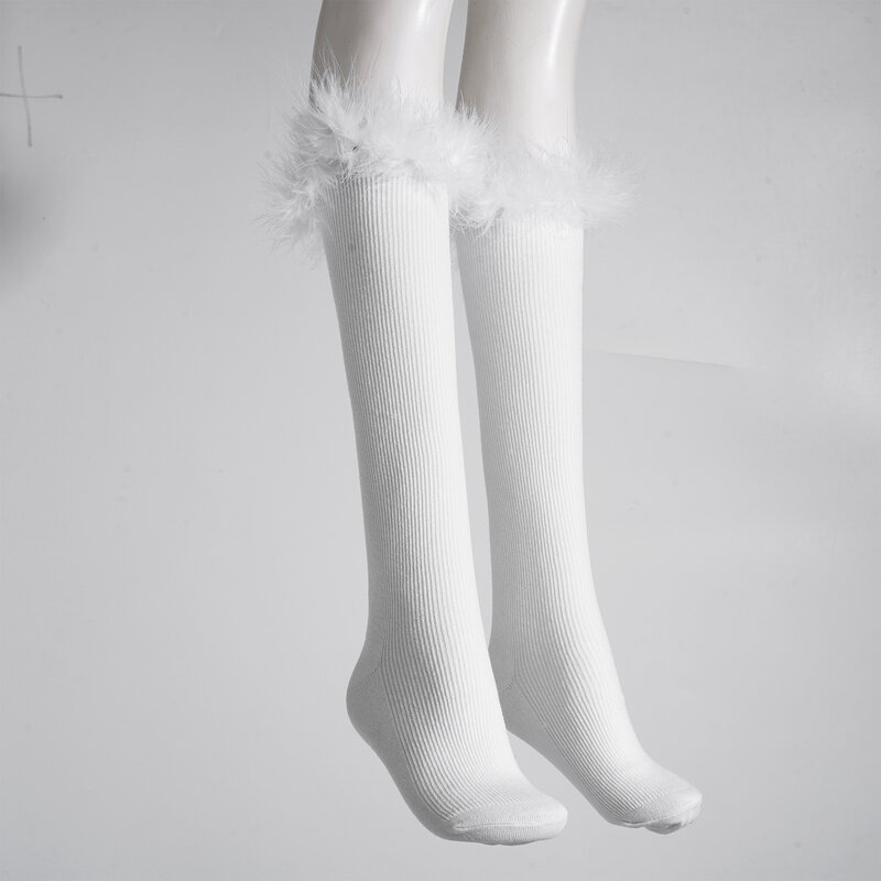 Calcetines altos de algodón para mujer y niña, medias elásticas de encaje de plumas con estilo, de Color sólido, para Cosplay de fiesta de Lolita, primavera y otoño