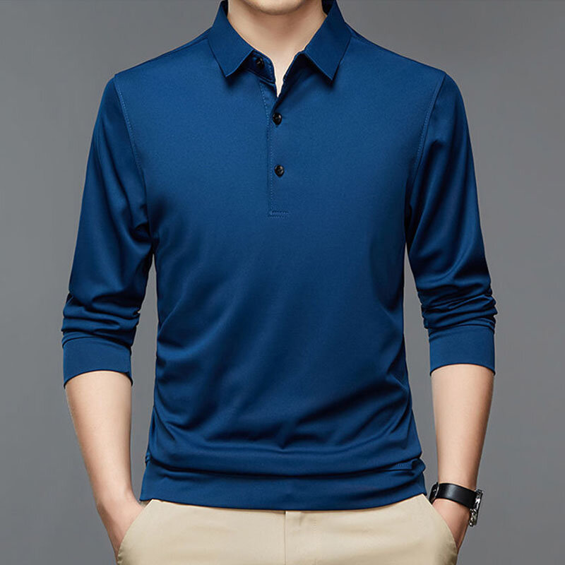 Moda męska nowy biznes koszulki Polo w jednolitym kolorze wiosna jesień bawełna długi guzik na rękawie Lapel odzież męska luźne luźna koszulka topy