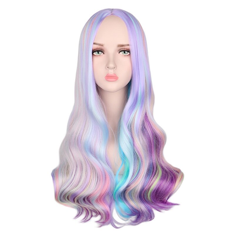 Cosplay Wig Anime Color Wig Gradient Long Curly Hair Party Rainbow Heat-Resistant Wig