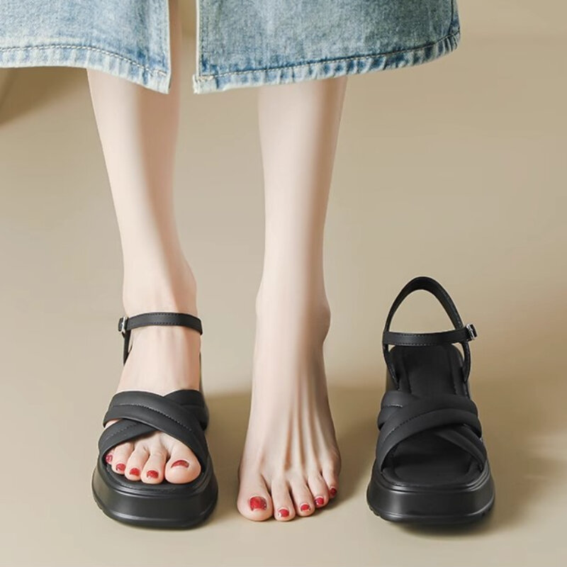 Sandały damskie klasyczne pasek krzyżowy letnie klapki kobiet proste i wygodne w stylu Casual, letnia letnie klapki wysokość obcasa 2.36 cali