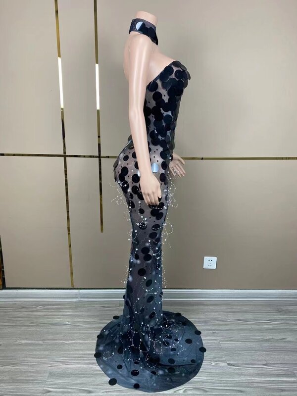 2023 personalizzato nuovo manica lunga Streaking pizzo alta paillettes elastiche Sexy vestito stretto vestito da festa di compleanno vestito da prestazione