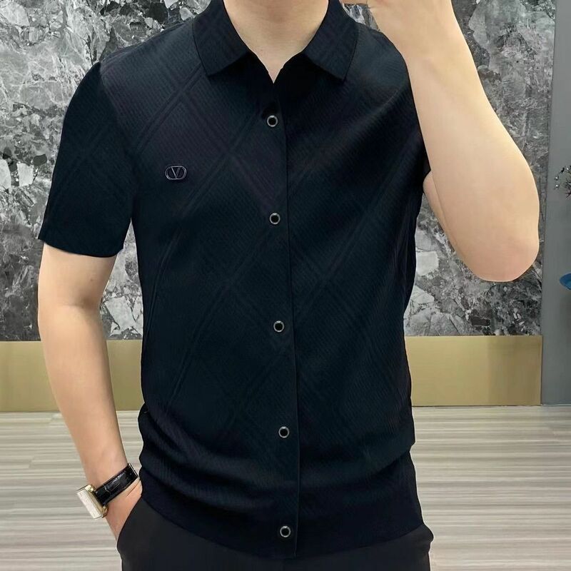 Рубашка мужская с отложным воротником, модная облегающая деловая уличная одежда в Корейском стиле, повседневный однотонный топ с коротким рукавом, лето