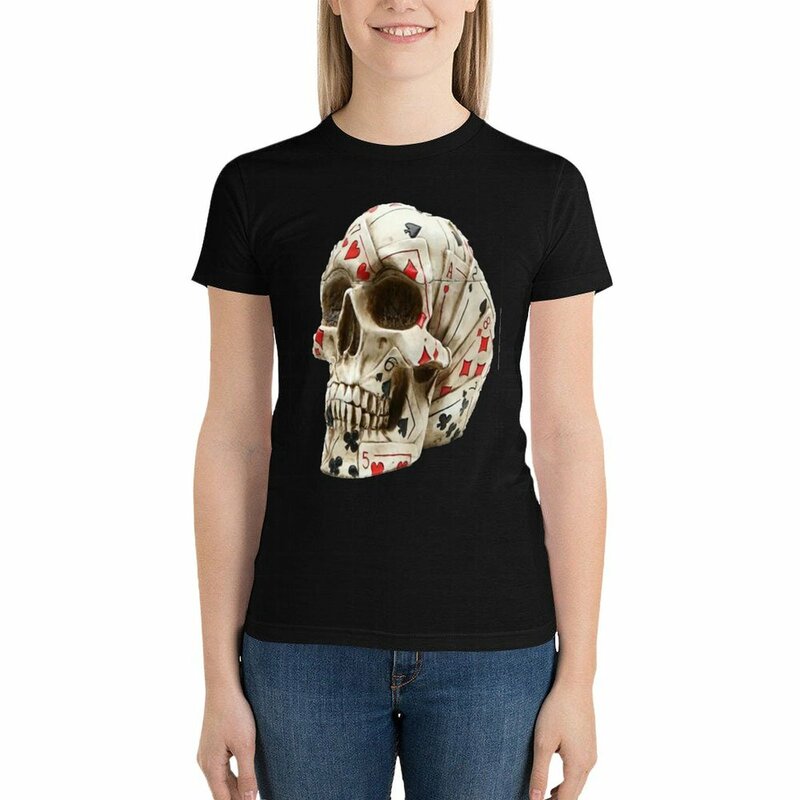 Camiseta de pôquer do crânio feminino, tops bonitos engraçados, roupas vintage