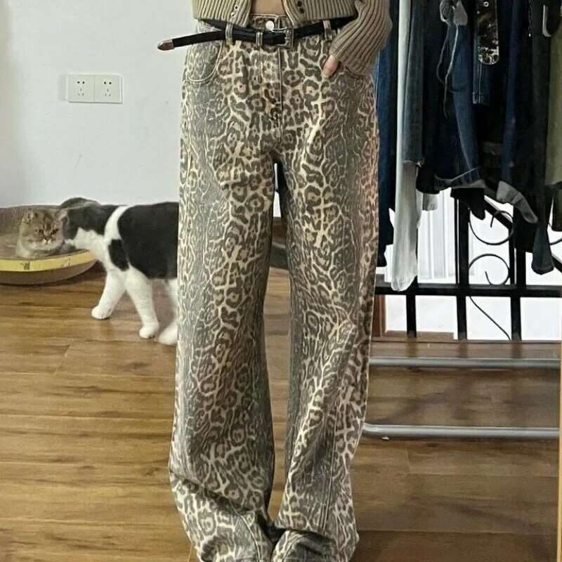 Deeptown Vintage Y2k workowate Leopard Jeans kobieta Streetwear hipisowska szeroka spodnie dżinsowe Harajuku Gyaru Casual wiosenna luźne spodnie