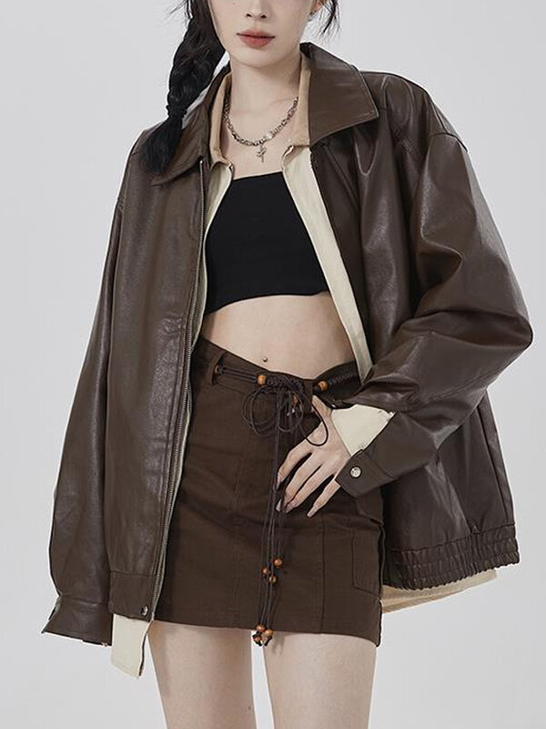 Punk czarna skórzana kurtka kobiety Streetwear luźny zamek Moto skórzana kurtka dla motocyklisty Outwear koreańskie Casual Faux płaszcz skórzany nowy