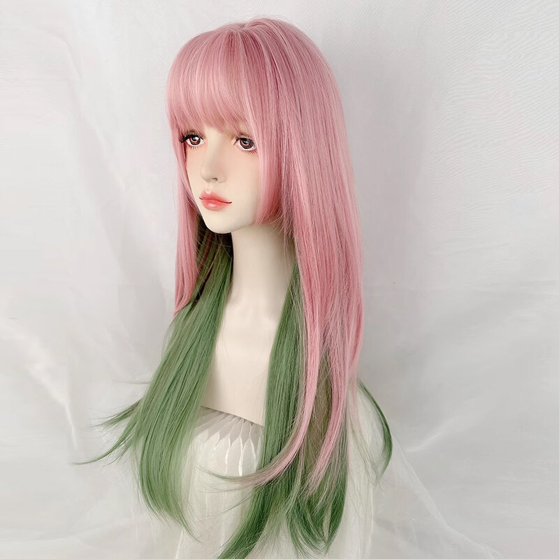 VICWIG Wig sintetis Ombre panjang lurus, Wig berlapis merah muda hijau dengan poni Lolita, Wig rambut Cosplay wanita untuk pesta sehari-hari
