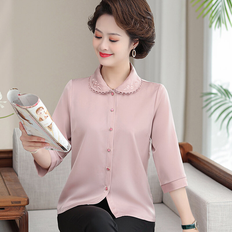 Women's High Quality Silk Satin Finish Short Sleeve Loose Top Elegant Lady Embroidery Solid Oversize Shirt Grandmother's clothes