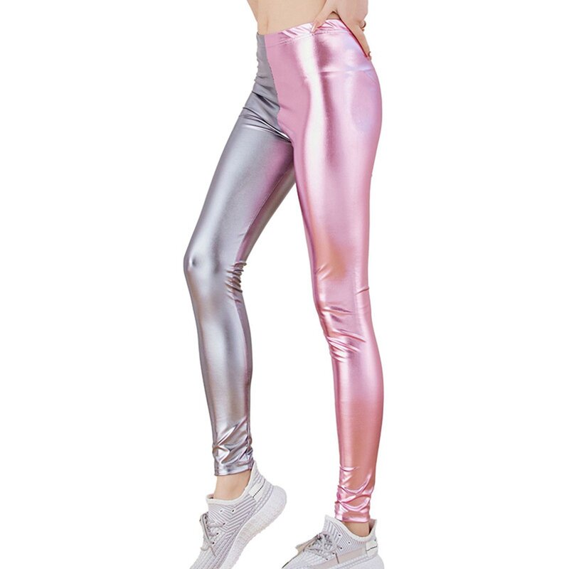 Celana legging kulit wanita, celana legging kulit imitasi metalik berkilau warna permen dengan saku