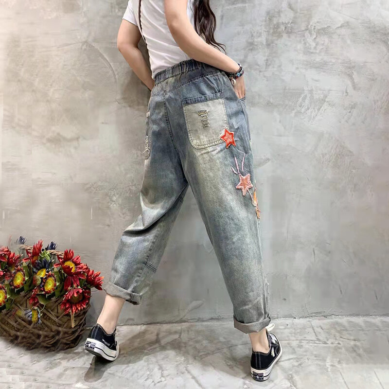 New High Quality Women Retro Patch Embroidered Loose Jeans Women Ripped Casual Cute Girl Jeans