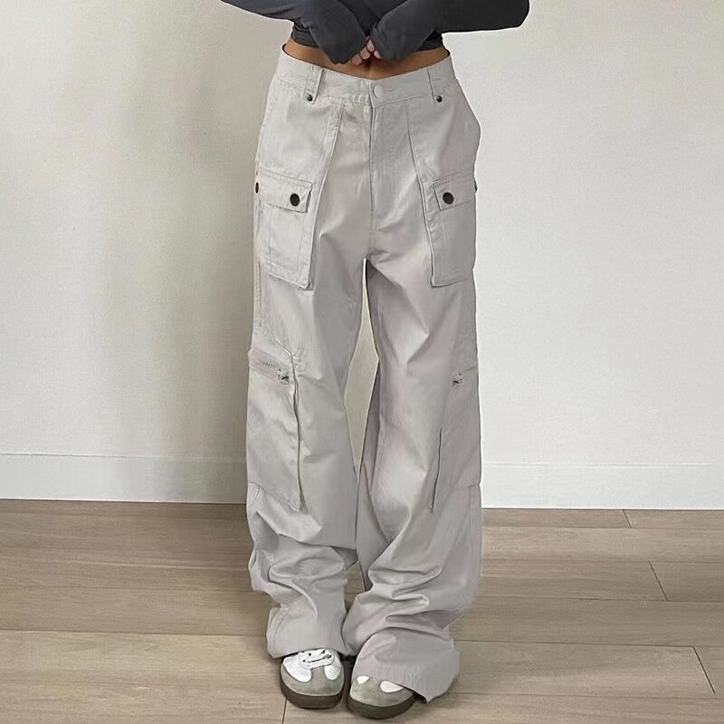 Jeans de carga cinza extragrande para mulheres com zíper, calças jeans largas, patchwork, bolso grande, calças casuais, coreano Y2K, 2023