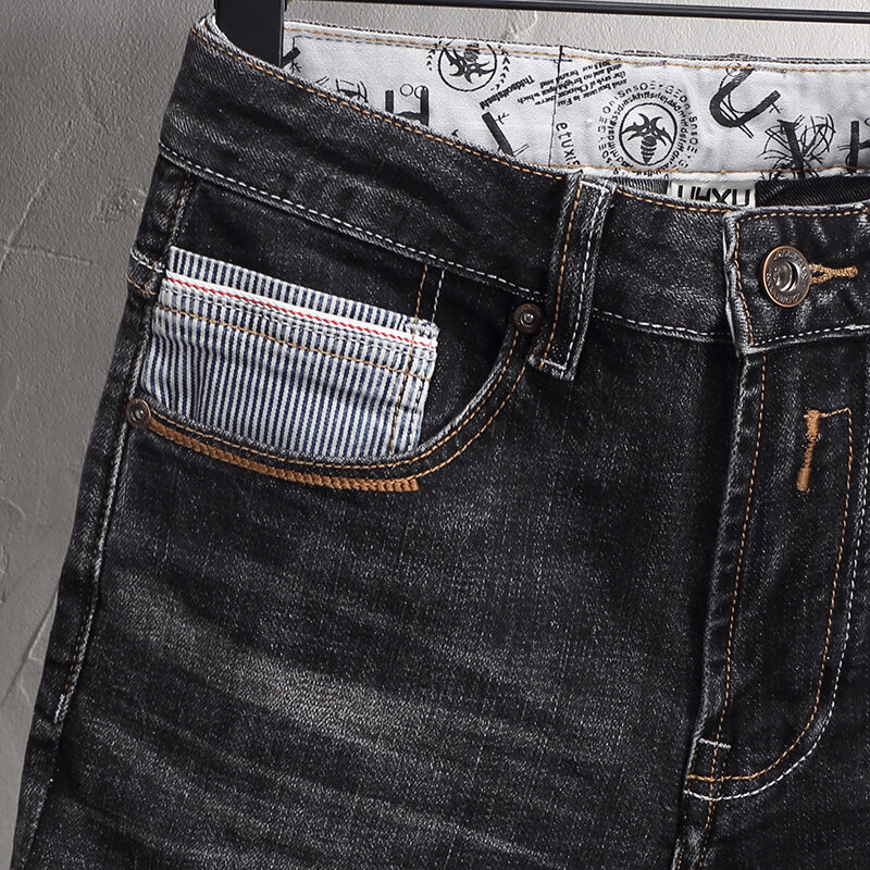 Nowo designerskie męskie jeansy Retro czarny szare elastyczne Slim Fit porwane jeansy męskie wysokiej jakości spodnie w stylu Vintage spodnie dżinsowe
