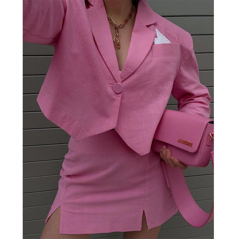 Primavera outono roupas femininas manga longa turn down colarinho botão bolsos terno saia de fenda superior moda algodão rosa duas peças conjunto