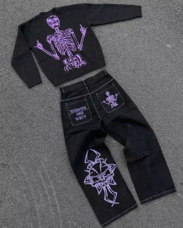 Y2K jeansy haftowane wzór czaszki para wysokiej klasy luźne amerykańskie luźne Street Diablo stare myte proste nogawki