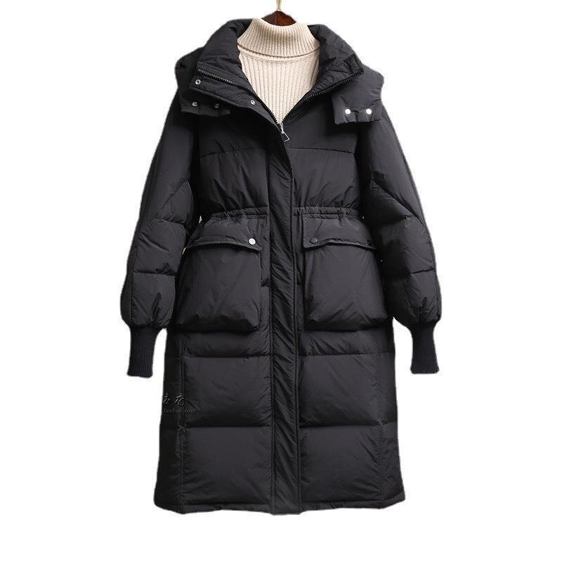 女性のためのミッドレングスダウンジャケット,ウエストストレッチ,スリミング,暖かいフード付きコート,冬のコート,新しいバージョン2023