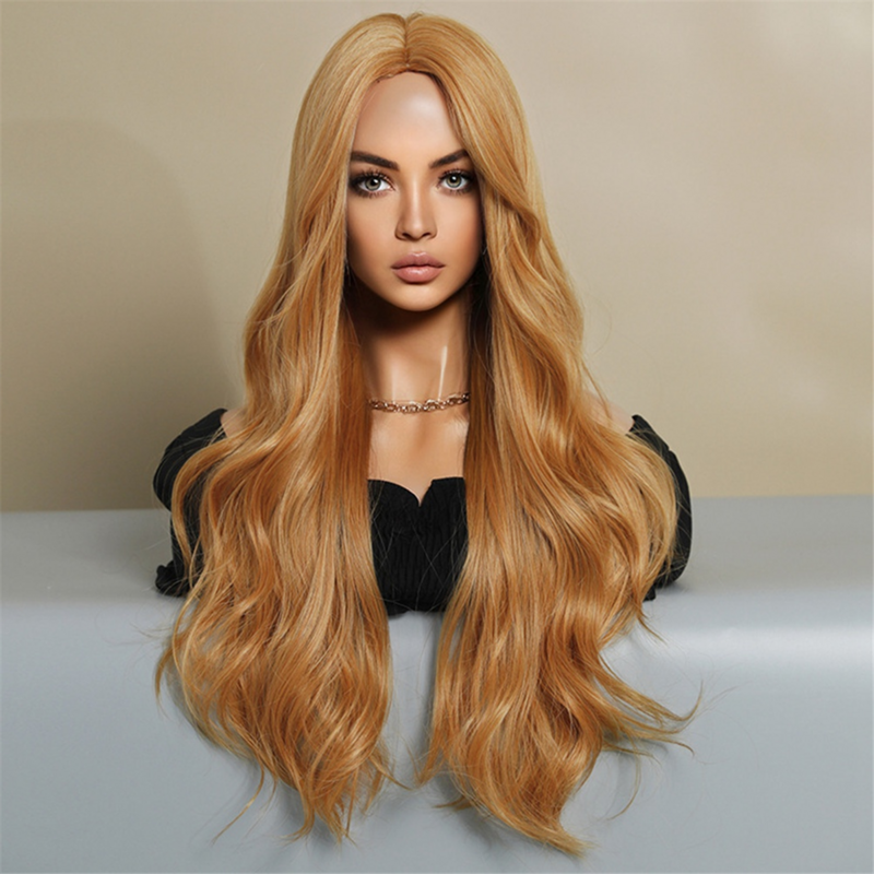 Peluca naranja de 60cm, pelo largo y rizado medio, sin flequillo, cobertura de cabeza, simulación de fibra, pelucas europeas y americanas
