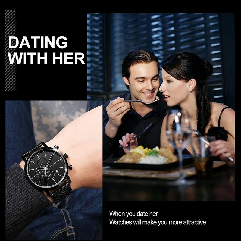 Homens relógio de malha de aço inoxidável, multifunções, mostrador pequeno, negócio, impermeável, relógios de pulso, Top Brand, moda