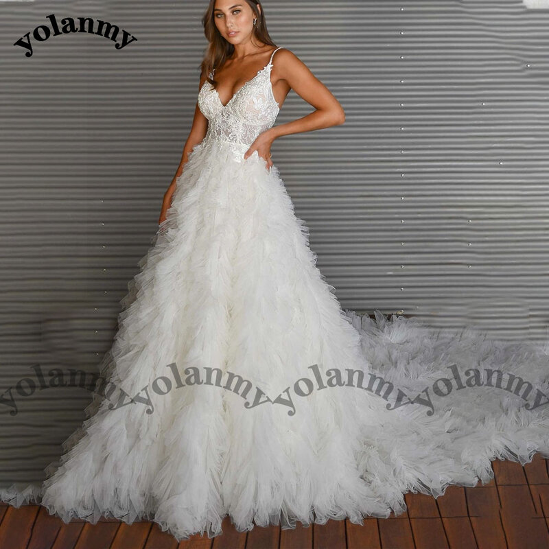 YOLANMY Deep V-Neck Wedding Dresses For Mariages Zipper Tulle Spaghetti Straps Ball Gown Elegant Robe De Soirée De Mariage