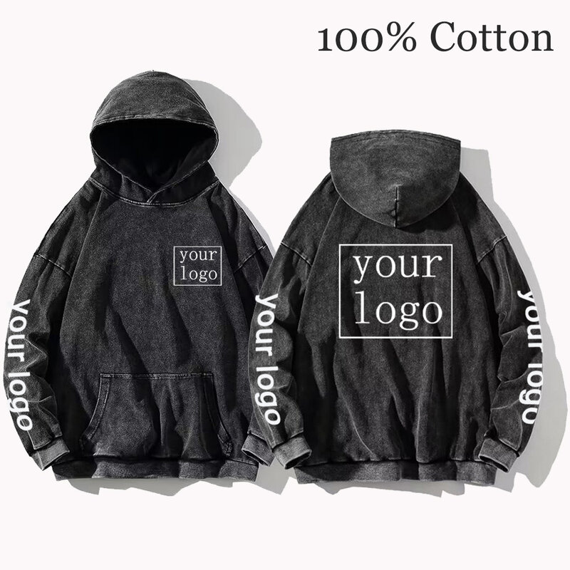 Desain Anda sendiri Logo merek/gambar kustom cetak Pria Wanita DIY hoodie Vintage mencuci katun Sweatshirt kasual longgar Y2K pakaian