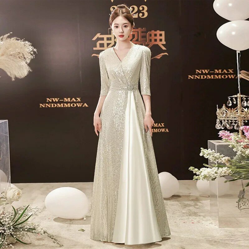 Champagne Gold Sequin Evening Dress Women V-Neck Long Sleeves Ribbon A-line Homecoming Dresses Exquisite Elegant Formal Gown