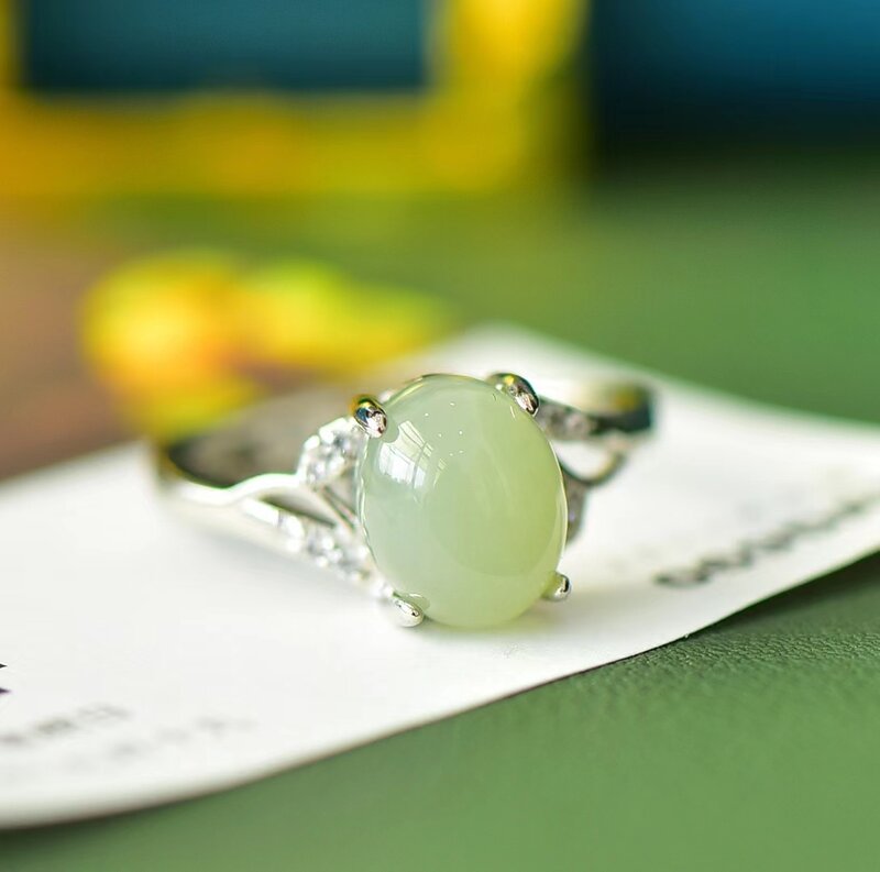 Giok Hetian💍Cincin batu alam wanita, perhiasan batu permata pernikahan dapat disesuaikan, hadiah perhiasan perempuan