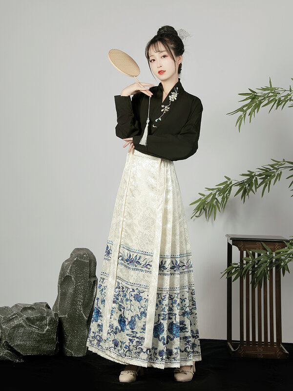 Saia chinesa bordada com cara de cavalo para mulheres, bordado hanfu, estilo nacional, ovessleeve de aeronave, primavera e verão