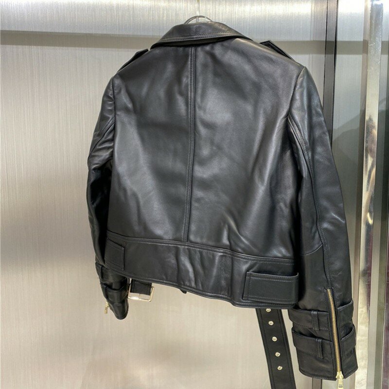 Женская байкерская куртка из натуральной кожи, черная двубортная байкерская куртка на молнии, осень 2023