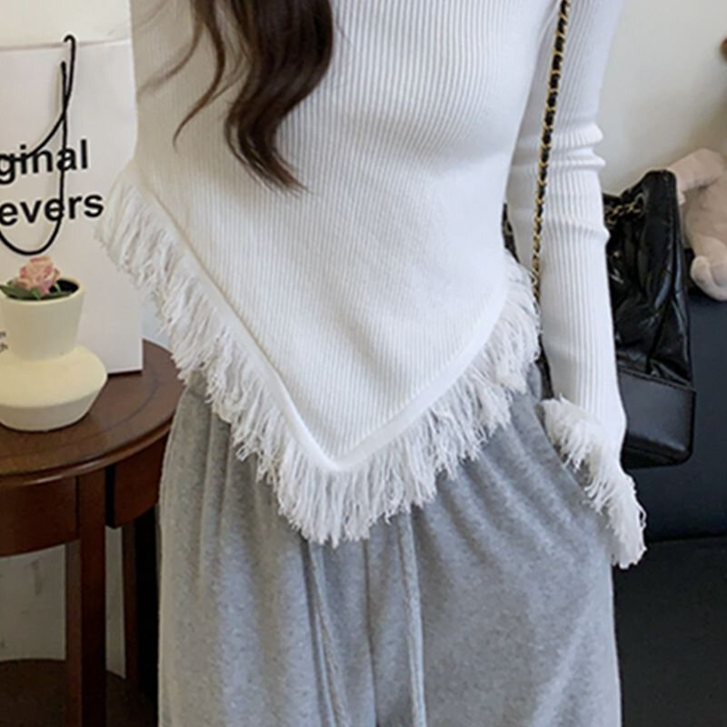 แขนยาว Pullovers ผู้หญิงฤดูใบไม้ร่วงฤดูหนาวพู่แฟชั่น Halter Tender ทึบเกาหลี Vintage Casual Streetwear Chic