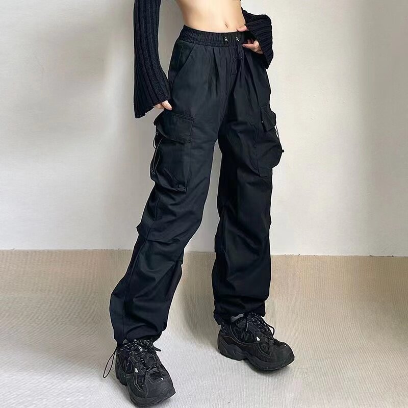 Pantalones Cargo Y2K para mujer, pantalón estilo coreano Harajuku Vintage, de paracaídas, cintura elástica, sólido, informal, de pierna ancha, para correr