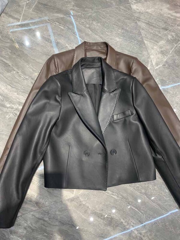 Suit Leather Jacket For Women 2023 Female 100% Sheepskin Lined Suit Collar Slim Short Quilted Coats Retro OL Sobretudo Feminino