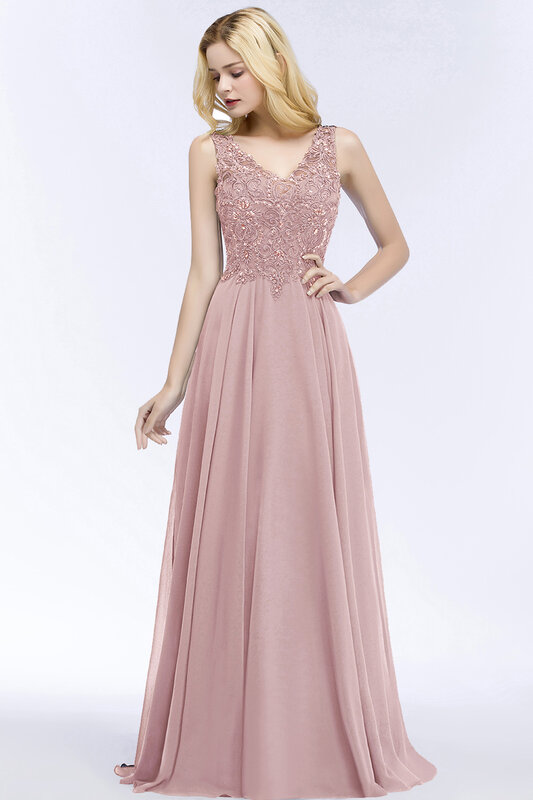 BABYONLINE-vestido de graduación rosa con cuello en V, vestido de dama de honor con cuentas de piedras de cristal, falda de línea A, vestido de fiesta de noche de gasa