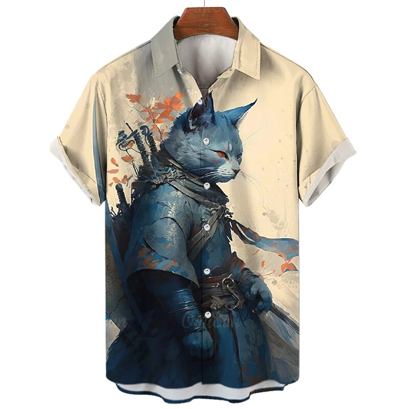 남성용 빈티지 고양이 검객 3D 프린트 셔츠, 재미있는 동물 그래픽 블라우스, 캐주얼 라펠 블라우스, 여름 단추 상의