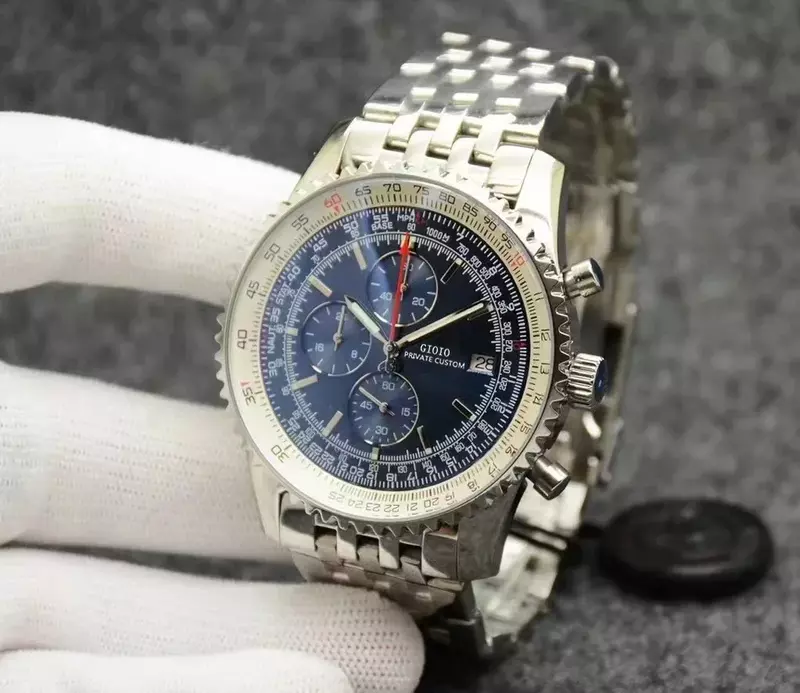 Luxe Nieuwe Heren Quartz Chronograaf Horloge Rvs Armband Saffier Horloges Zwart Blauw Lederen Band Stopwatch