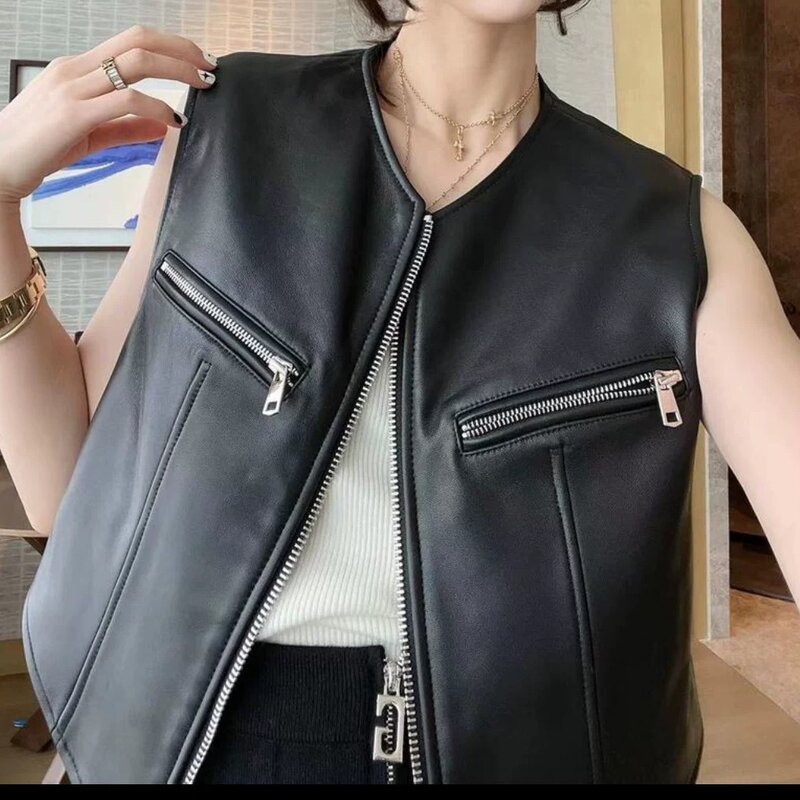 2023 여성 스트리트 로코모티브 스타일 지퍼 디자인 라운드넥 정품 양피 가죽 조끼, 신제품