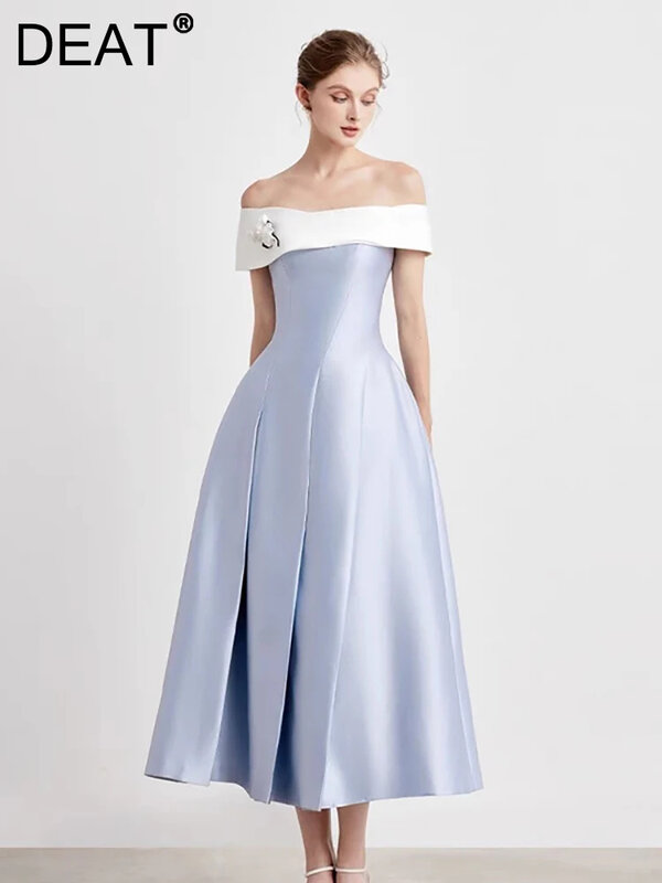 Женское атласное платье с вырезом лодочкой DEAT, элегантное асимметричное плиссированное платье в стиле пэчворк с объемными цветами, 13 db4428, весна 2024