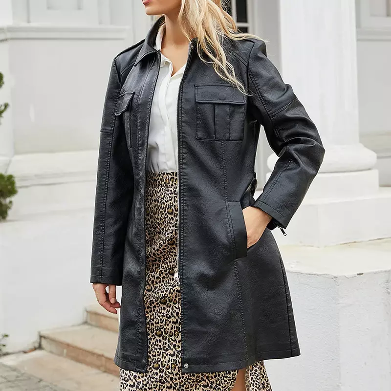 Abbigliamento in pelle moda donna tinta unita risvolto cerniera sottile manica lunga con cintura in ecopelle elegante giacca da strada da ufficio