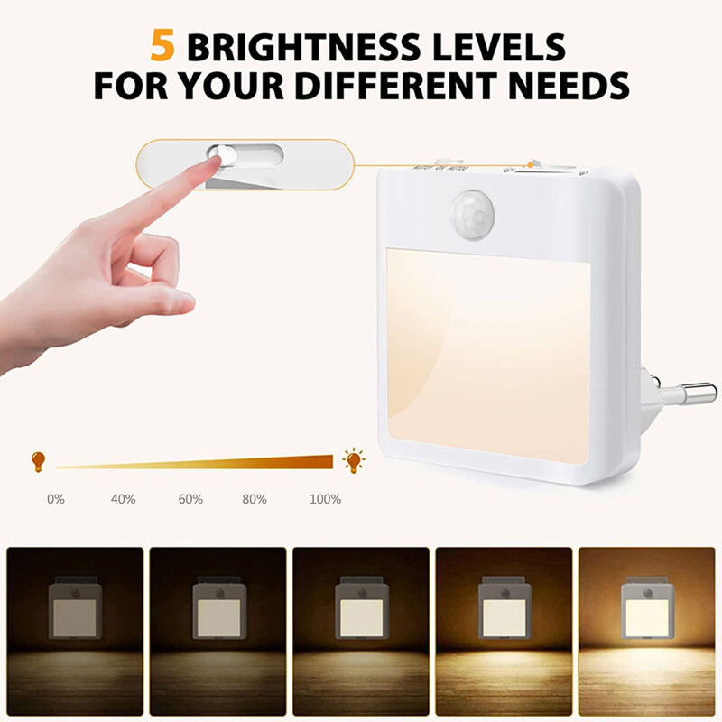 EU US UK Plug in LED Motion Sensor Night Lights for Kids Bedroom Auto Dusk to Dawn Sensor Dimmable Wireless Cabinet Lamp Decor