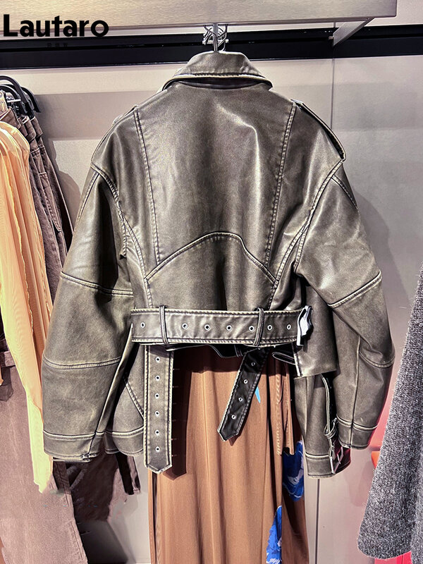 Lautaro 여성용 짧은 루즈 PU 가죽 바이커 재킷, 지퍼 블렛, 레트로 여성 유럽 패션 스트리트웨어 2023, 봄 가을 쿨