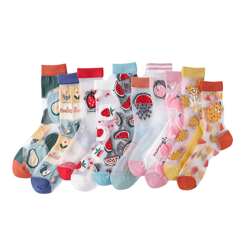 Летние новые носки Kave, женские тонкие шелковые носки в японском стиле с изображением фруктов и стекла, модные трендовые женские чулки с карточками, Прямая поставка