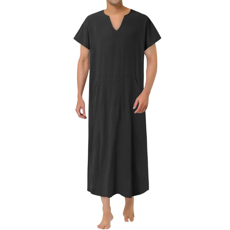 Men'S Muslim Arab Islamic Kaftan Robes V-Neck Short Sleeve Solid Cotton Linen Jubba Thobe Casual Fashion Dubai Saudi Arabia Robe