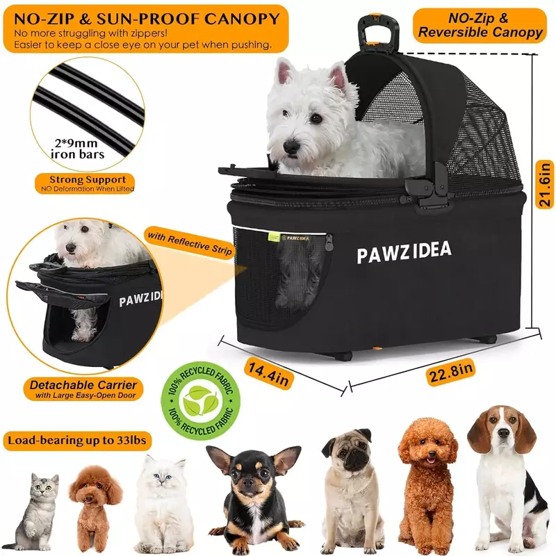 PAWZIDEA Pet Stroller 4 in 1, Dog Strollers for Small/Medium Dogs/Cats with Detachable Carrier NO-Zip Canopy, Seatbelt