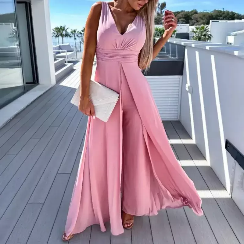 Sexy V-neck Women Prom Jumpsuit Solid Color Wide Leg Sleeveless Breathable High Waist Elegant Lady Playsuit Female Clothes OFE10