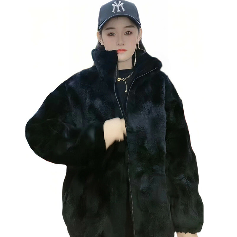 Abrigo de piel de conejo Rex para mujer, abrigo largo suelto, ropa femenina gruesa y cálida, nueva moda, chaqueta con cremallera de invierno, alta calidad