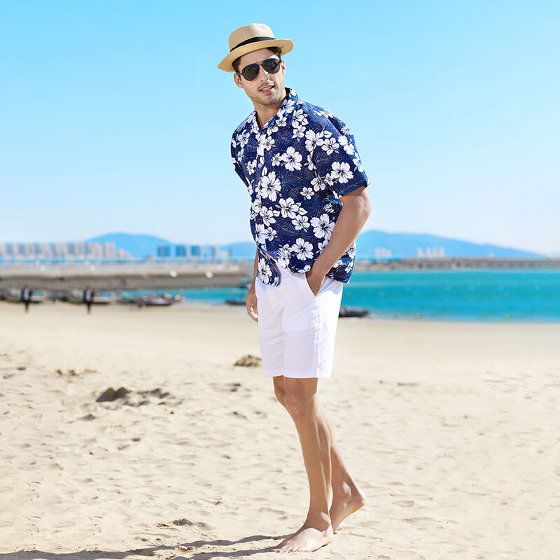Camisa hawaiana con estampado de palmeras y flores para hombre, ropa informal holgada de manga corta para playa, Verano