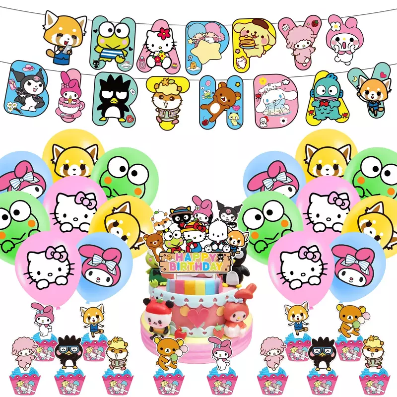 Sanrio-Conjunto de decoración de globos para fiesta de cumpleaños, suministros de fiesta de cumpleaños, pancartas, Bandera de pastel, regalos de plantación