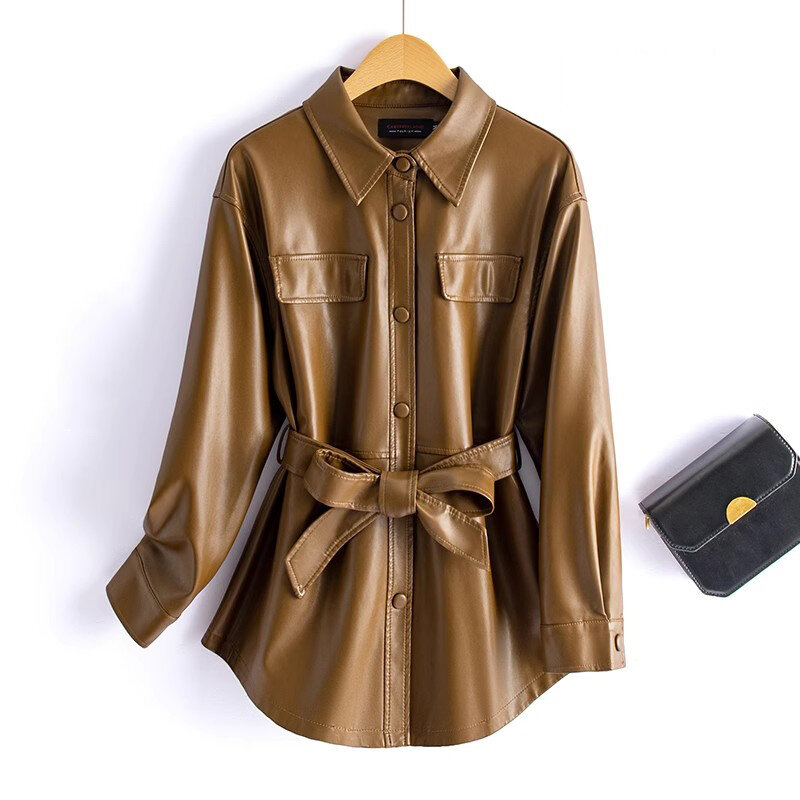 新しい 女性 シャツスタイル レザージャケット 春 秋 ファッションカジュアル ターンダウンカラー レースアップスリム 革のコート スプリットレザー